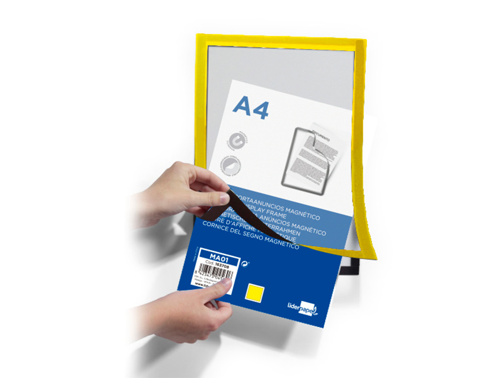 MOLDURA PORTA ANUNCIOS LIDERPAPEL MAGNETICA DIN A4 SUPORTE ADESIVO REMOVIVEL COR AMARELO