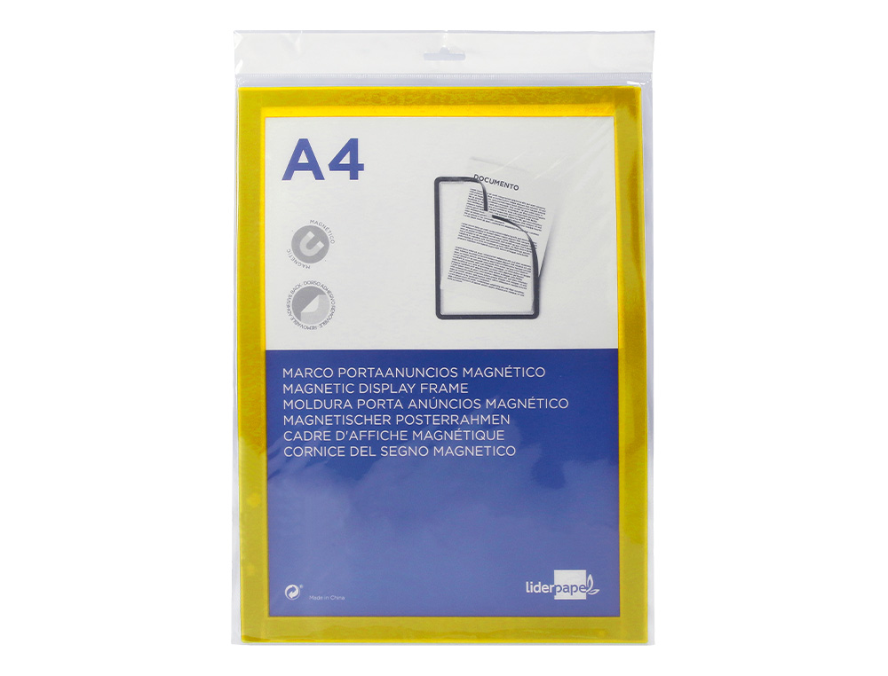 MOLDURA PORTA ANUNCIOS LIDERPAPEL MAGNETICA DIN A4 SUPORTE ADESIVO REMOVIVEL COR AMARELO