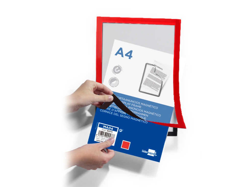 MOLDURA PORTA ANUNCIOS LIDERPAPEL MAGNETICA DIN A4 SUPORTE ADESIVO REMOVIVEL COR VERMELHO
