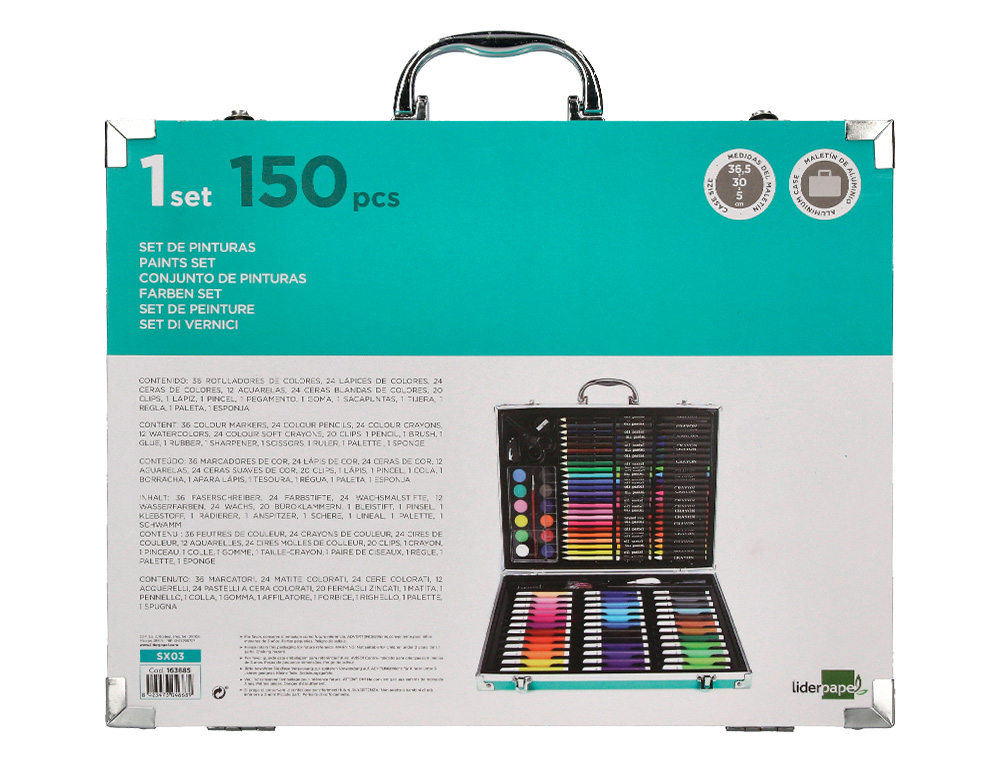 SET DE PINTURA LIDERPAPEL ALUMINIO 150 PECAS MALA 37,8X29,7X4,6 CM