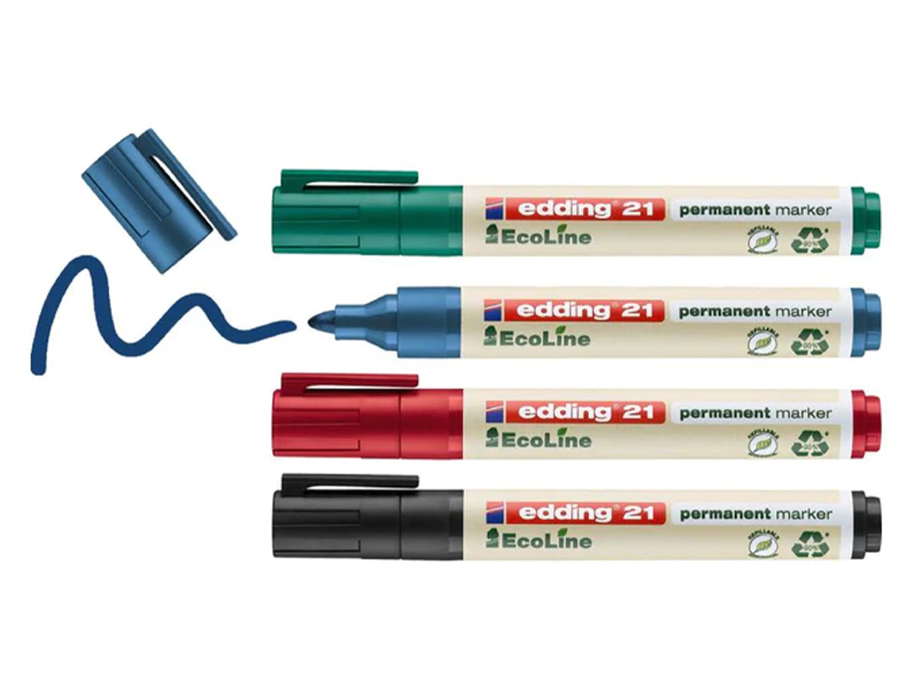 MARCADOR EDDING 21 MARCADOR PERMANENTE ECOLINE 90% RECICLADO BOLSA 4 CORES SORTIDAS PONTA REDONDA 1,5-3