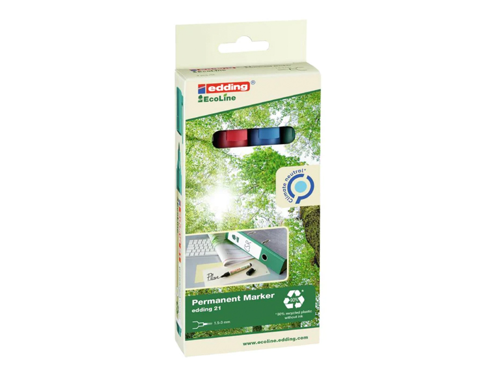 MARCADOR EDDING 21 MARCADOR PERMANENTE ECOLINE 90% RECICLADO BOLSA 4 CORES SORTIDAS PONTA REDONDA 1,5-3