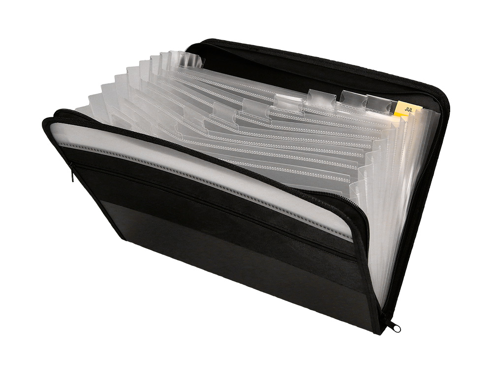 PASTA LIDERPAPEL CLASSIFICADORA COM FOLE POLIPROPILENO A4 13 DEPARTAMENTOS FECHO DE CORRER BOLSO EXTERIOR PRETO