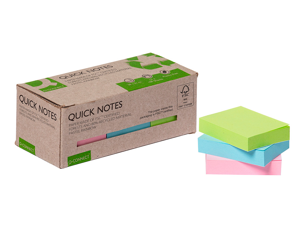BLOCO DE NOTAS ADESIVAS Q-CONNECT 38X51 MM 100% PAPEL RECICLADO CORES PASTEL CAIXA DE CARTAO