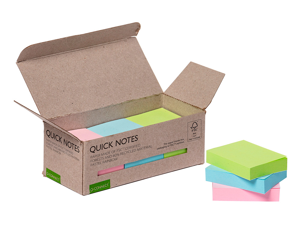 BLOCO DE NOTAS ADESIVAS Q-CONNECT 38X51 MM 100% PAPEL RECICLADO CORES PASTEL CAIXA DE CARTAO