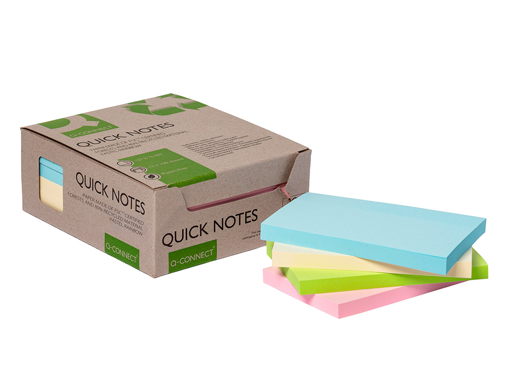 BLOCO DE NOTAS ADESIVAS Q-CONNECT 76X127 MM 100% PAPEL RECICLADO CORES PASTEL CAIXA DE CARTAO