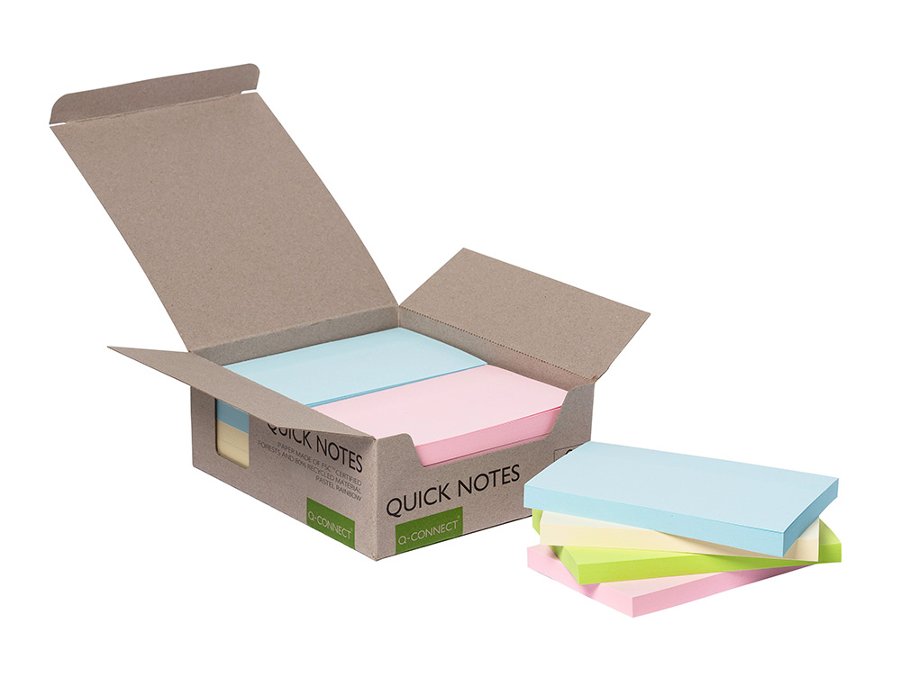 BLOCO DE NOTAS ADESIVAS Q-CONNECT 76X127 MM 100% PAPEL RECICLADO CORES PASTEL CAIXA DE CARTAO
