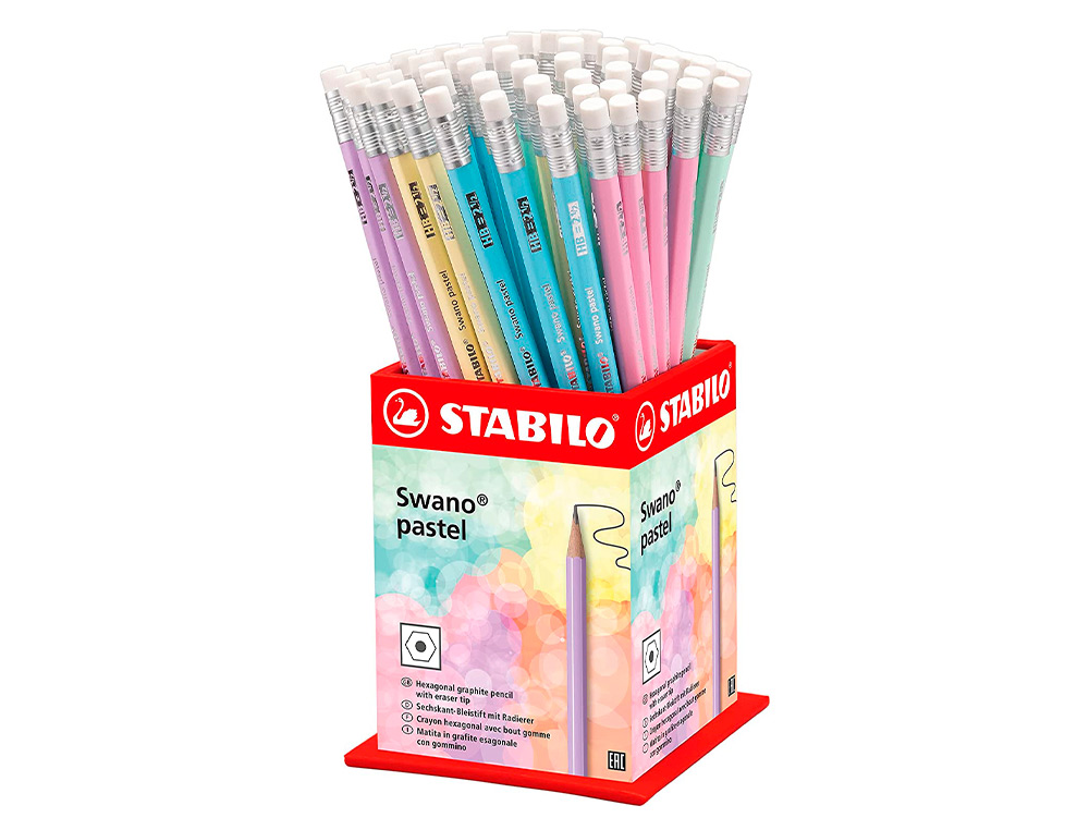 LAPIS DE GRAFITE STABILO SWANO COM BORRACHA MINA 2,2 MM DUREZA HB EXPOSITOR DE 72 UNIDADES CORES PASTEL SORTIDAS