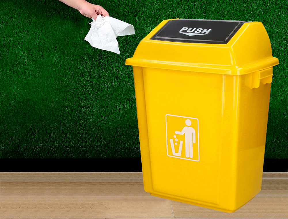 CONTENTOR DE LIXO Q-CONNECT PLASTICO COM TAMPA DE EMPURRAR 58 LITROS 470X330X760 MM AMARELO