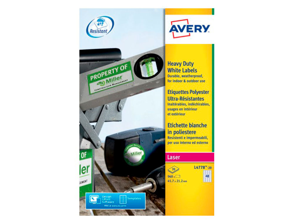 ETIQUETA ADESIVA AVERY POLIESTER BRANCO PARA IMPRESSORA LASER 45,7X21,2 MM CAIXA DE 960 UNIDADES