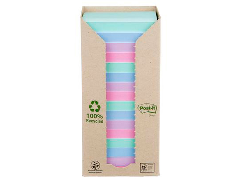 BLOCO DE NOTAS ADESIVAS POST-IT 76X76 MM 100% RECICLADO PEFC EM TORRE PACK DE 16 UNIDADES CORES SORTIDAS