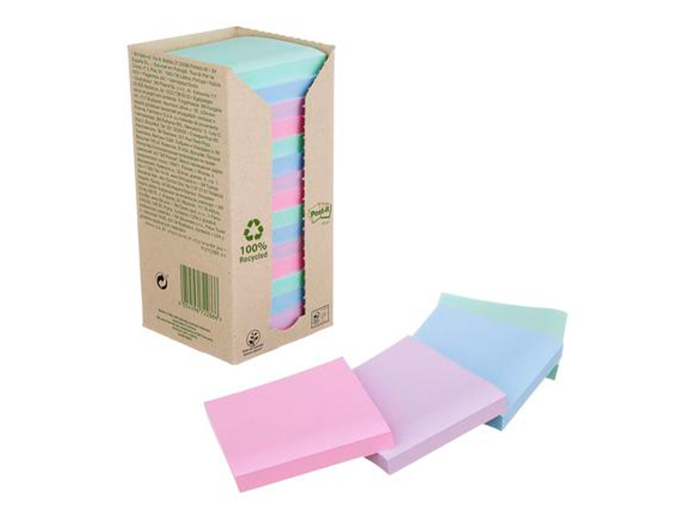 BLOCO DE NOTAS ADESIVAS POST-IT 76X76 MM 100% RECICLADO PEFC EM TORRE PACK DE 16 UNIDADES CORES SORTIDAS