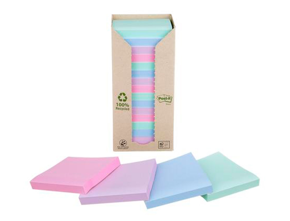 BLOCO DE NOTAS ADESIVAS POST-IT 76X76 MM 100% RECICLADO PEFC EM TORRE PACK DE 16 UNIDADES CORES SORTIDAS