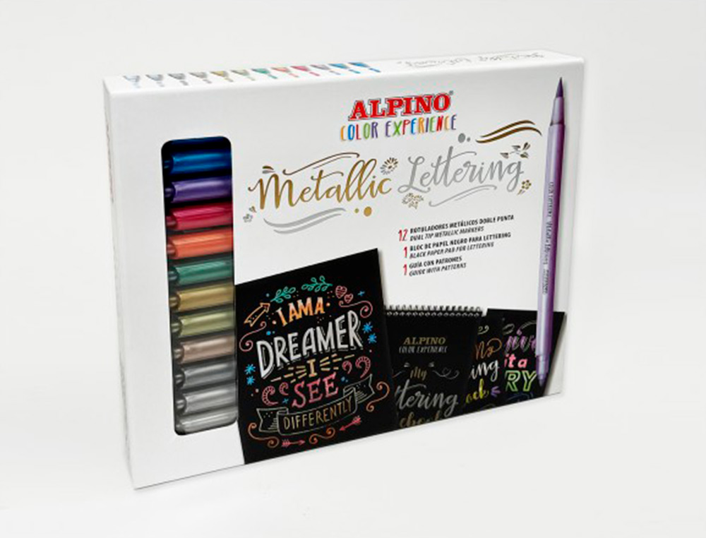 MARCADOR ALPINO METALLIC LETTERING DUPLA PONTA ESTOJO DE 12 UNIDADES CORES SORTIDAS