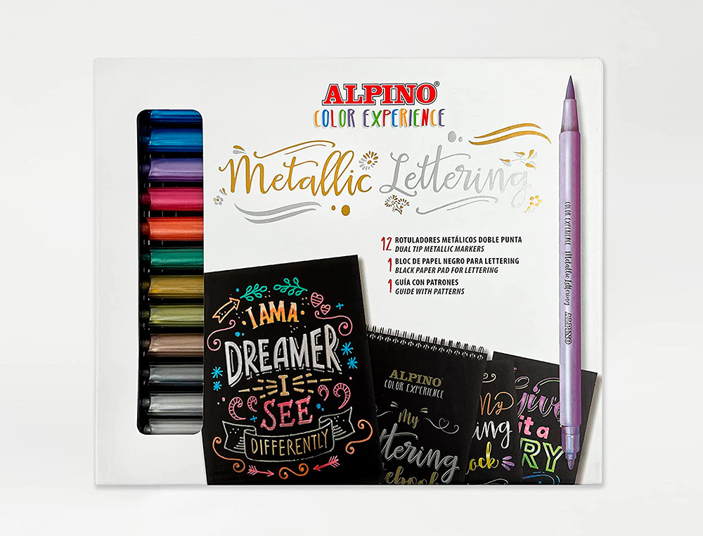 MARCADOR ALPINO METALLIC LETTERING DUPLA PONTA ESTOJO DE 12 UNIDADES CORES SORTIDAS