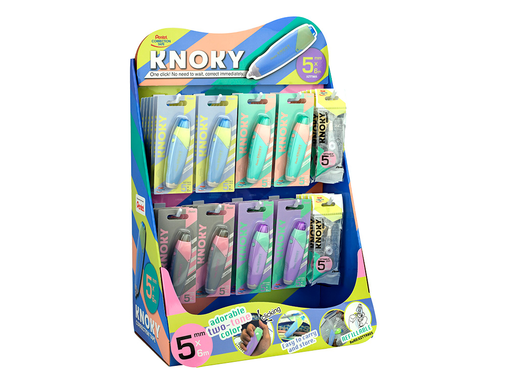 CORRETOR DE FITA PENTEL KNOKY 5MMX6M COM 60 UNIDADES EM CORES PASTEL SORTIDAS E RECARGAS