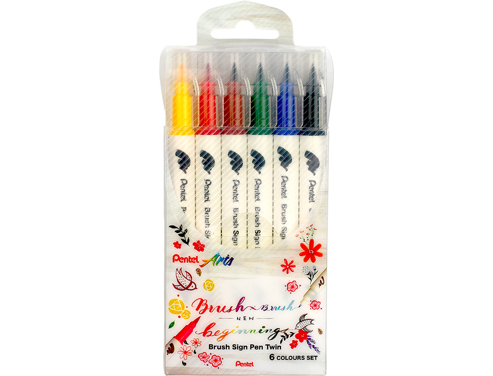 PINCEL PENTEL BRUSH SIGN PEN COM PONTA DUPLA ESTOJO COM 6 UNIDADES