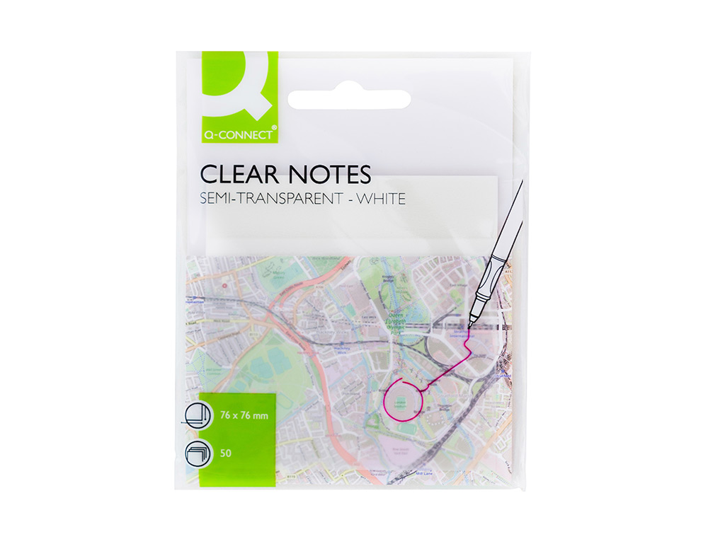 BLOCO DE NOTAS ADESIVAS Q-CONNECT REMOVIVEIS PLASTICO TRANSLUCIDO BRANCO COM 50 FOLHAS 76X76 MM