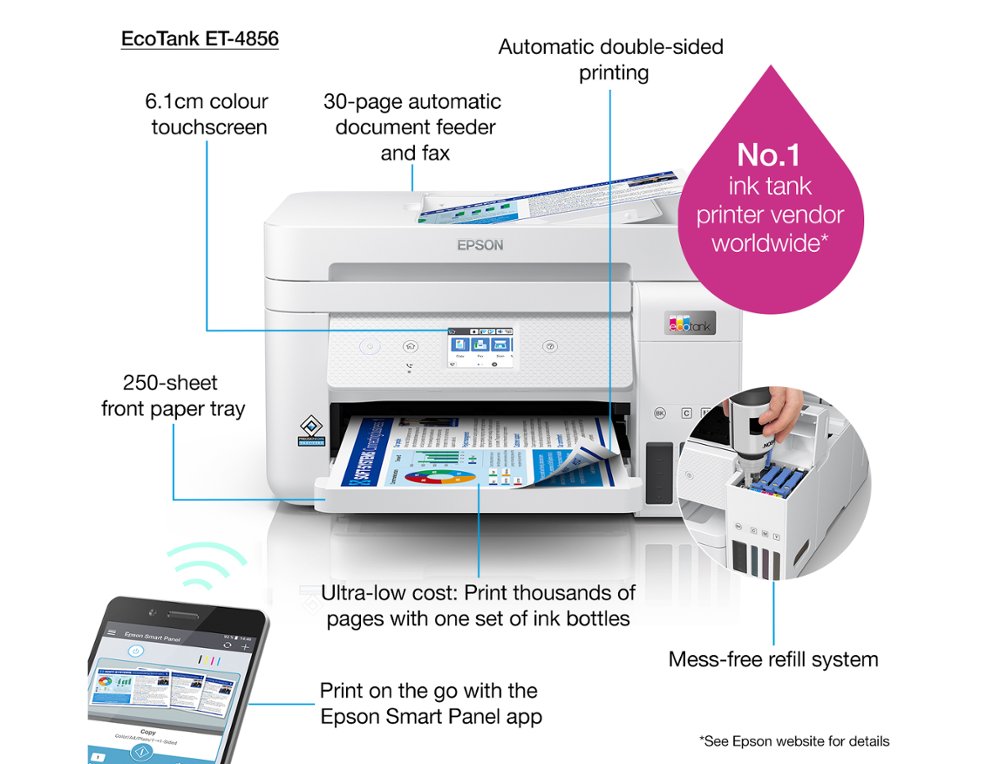 MULTIFUNCOES EPSON ECOTANK ET-4856 TINTA 33 PPM SCANNER COPIADORA IMPRESSORA FAX BANDEJA ENTRADA 250 FOLHAS