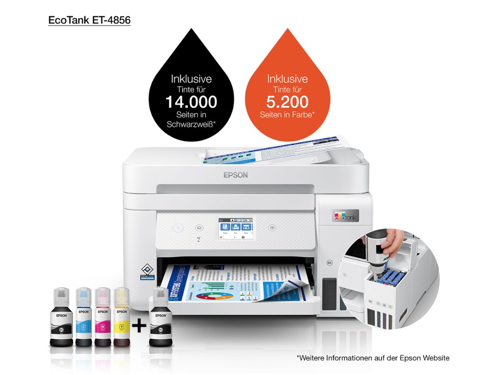 MULTIFUNCOES EPSON ECOTANK ET-4856 TINTA 33 PPM SCANNER COPIADORA IMPRESSORA FAX BANDEJA ENTRADA 250 FOLHAS