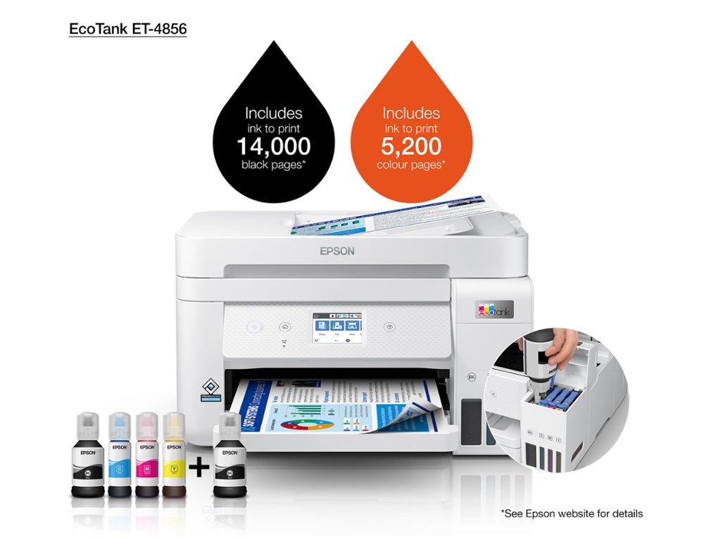 MULTIFUNCOES EPSON ECOTANK ET-4856 TINTA 33 PPM SCANNER COPIADORA IMPRESSORA FAX BANDEJA ENTRADA 250 FOLHAS