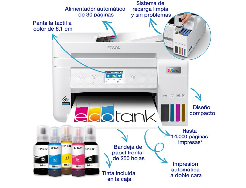 MULTIFUNCOES EPSON ECOTANK ET-4856 TINTA 33 PPM SCANNER COPIADORA IMPRESSORA FAX BANDEJA ENTRADA 250 FOLHAS