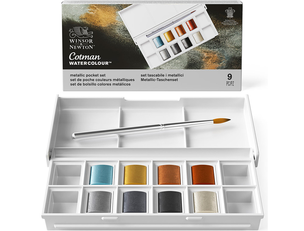 AGUARELA WINSOR&NEWTON CAIXA METALICA BOLSA COM 8 CORES METALICAS + PINCEL