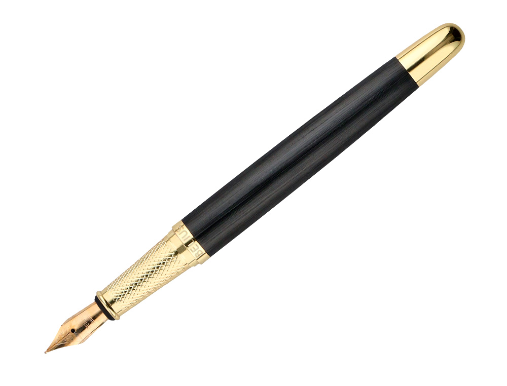 CANETA BELIUS PASSION DOR TEXTURA ALUMINIO TEXTURA ESCOVADO DESENHO PRETO E DOURADO TINTA AZUL CAIXA DESIGN