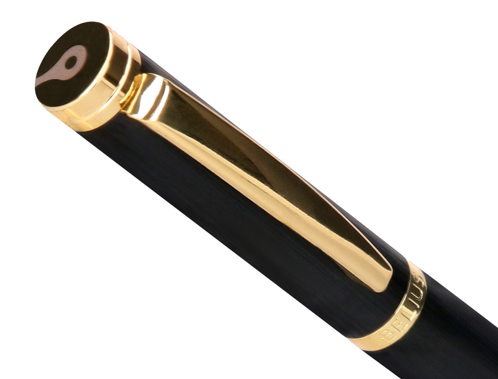 CANETA BELIUS PASSION DOR TEXTURA ALUMINIO TEXTURA ESCOVADO DESENHO PRETO E DOURADO TINTA AZUL CAIXA DESIGN