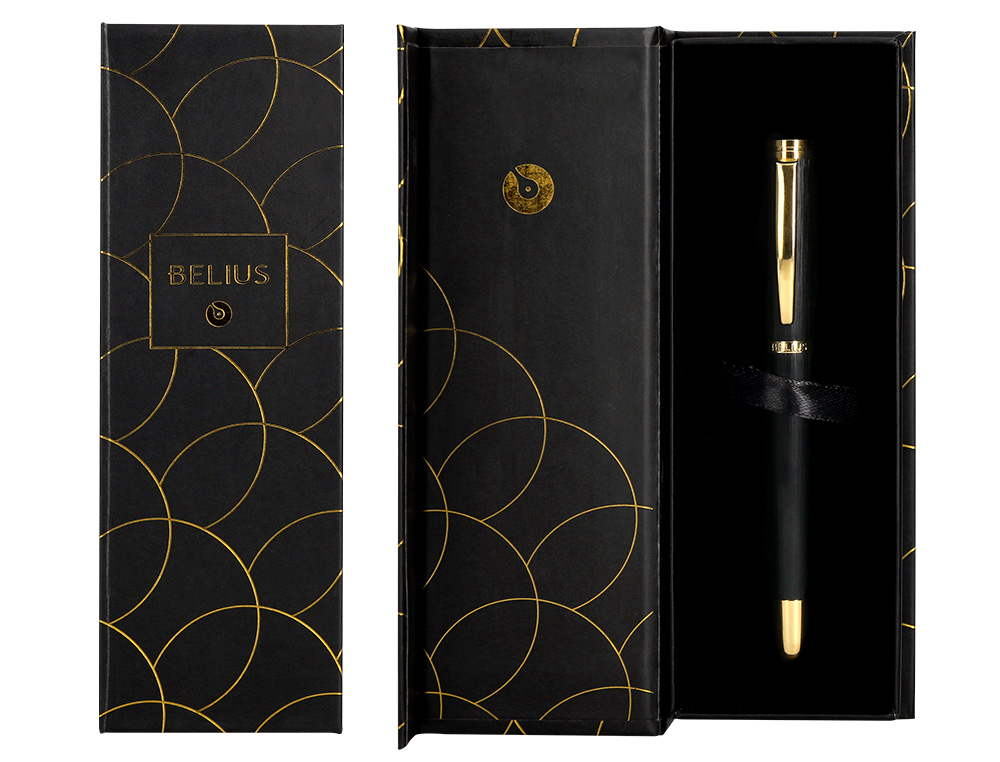 CANETA BELIUS PASSION DOR TEXTURA ALUMINIO TEXTURA ESCOVADO DESENHO PRETO E DOURADO TINTA AZUL CAIXA DESIGN