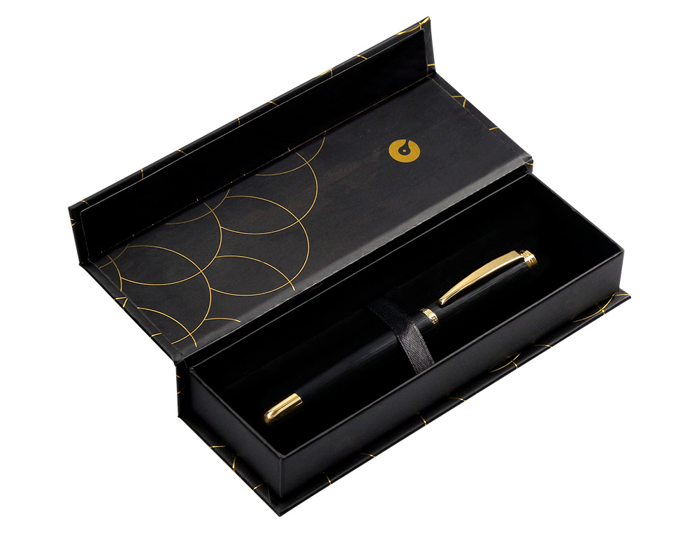 CANETA BELIUS PASSION DOR TEXTURA ALUMINIO TEXTURA ESCOVADO DESENHO PRETO E DOURADO TINTA AZUL CAIXA DESIGN
