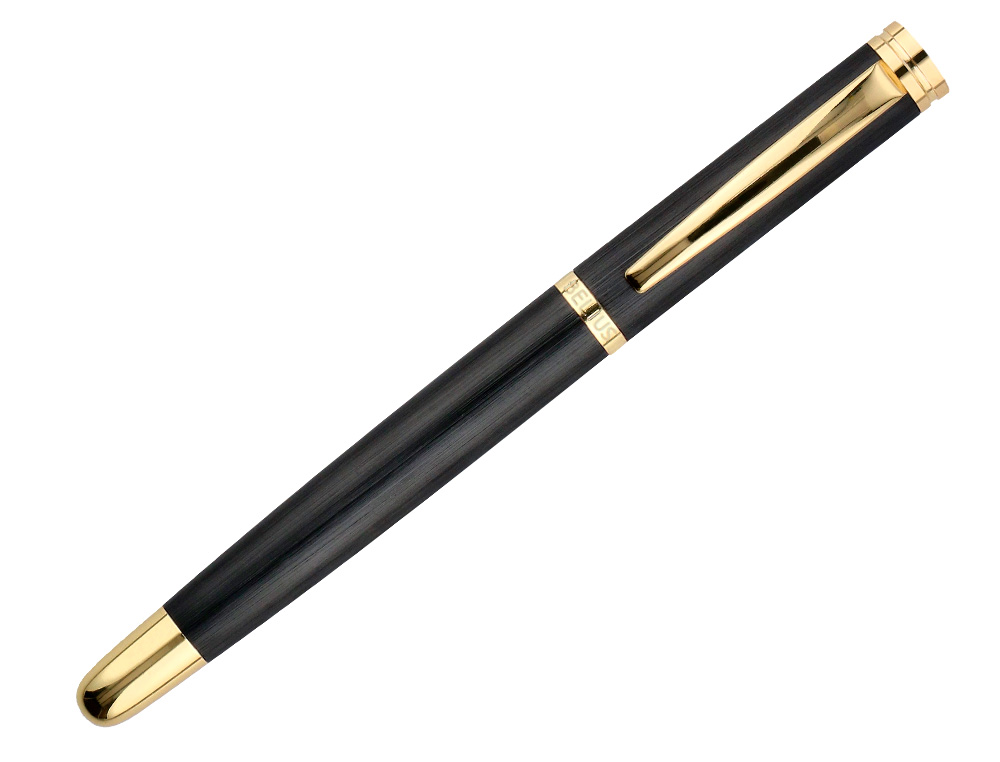 CANETA BELIUS PASSION DOR TEXTURA ALUMINIO TEXTURA ESCOVADO DESENHO PRETO E DOURADO TINTA AZUL CAIXA DESIGN