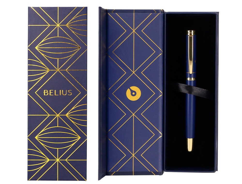 CANETA BELIUS SOIREE ALUMINIO DESENHO ART DECO AZUL MARINHO E DOURADO TINTA AZUL CAIXA DESIGN