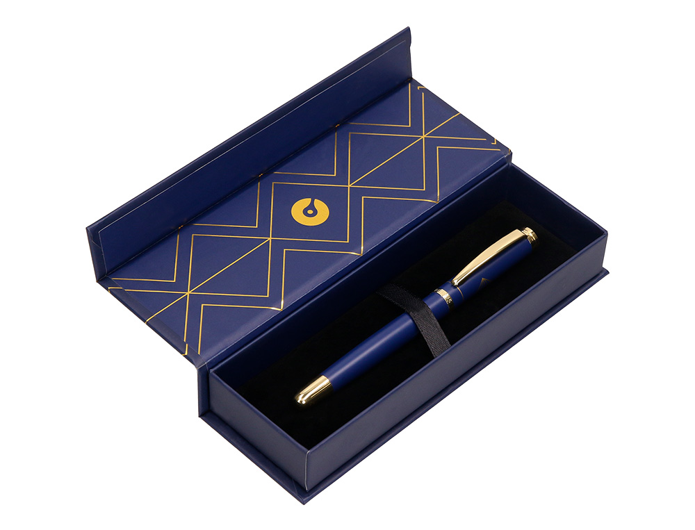 CANETA BELIUS SOIREE ALUMINIO DESENHO ART DECO AZUL MARINHO E DOURADO TINTA AZUL CAIXA DESIGN