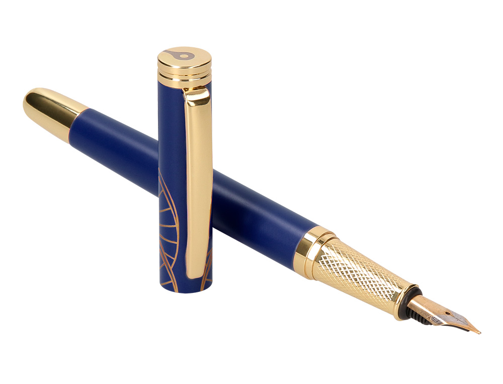 CANETA BELIUS SOIREE ALUMINIO DESENHO ART DECO AZUL MARINHO E DOURADO TINTA AZUL CAIXA DESIGN