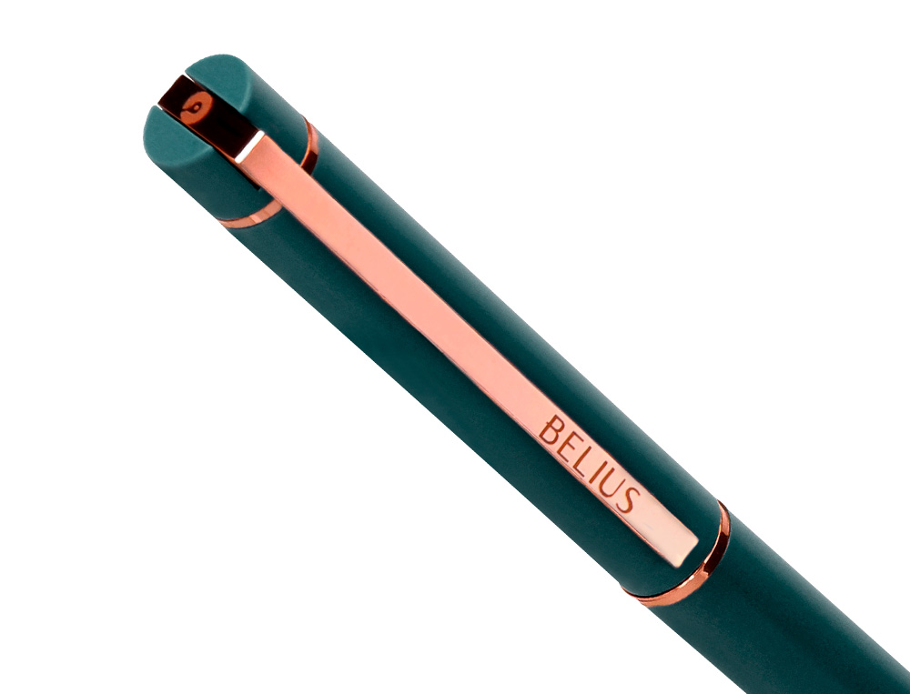 ESFEROGRAFICA BELIUS ROSE ALUMINIO DESENHO VERDE AZEITONA OURO ROSA TINTA AZUL CAIXA DESIGN