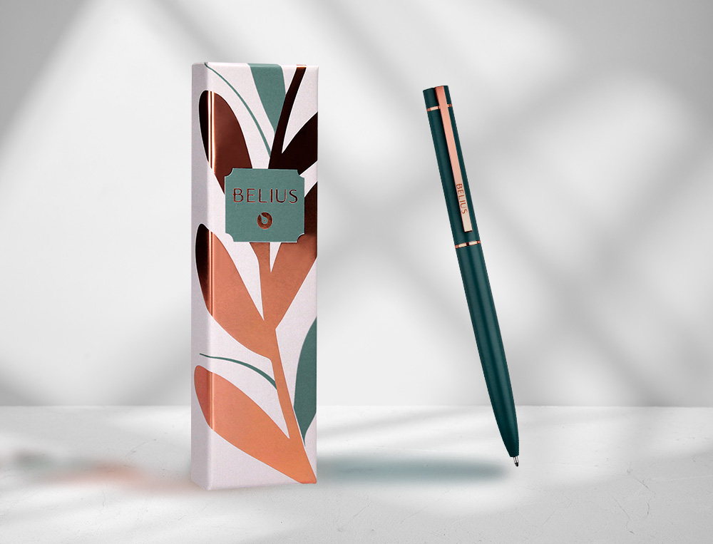 ESFEROGRAFICA BELIUS ROSE ALUMINIO DESENHO VERDE AZEITONA OURO ROSA TINTA AZUL CAIXA DESIGN