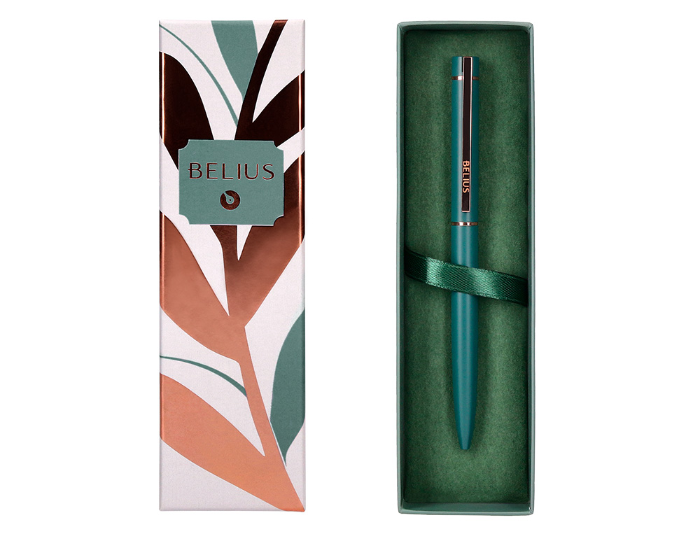 ESFEROGRAFICA BELIUS ROSE ALUMINIO DESENHO VERDE AZEITONA OURO ROSA TINTA AZUL CAIXA DESIGN