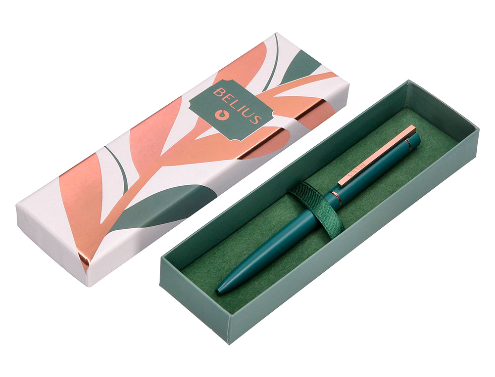 ESFEROGRAFICA BELIUS ROSE ALUMINIO DESENHO VERDE AZEITONA OURO ROSA TINTA AZUL CAIXA DESIGN