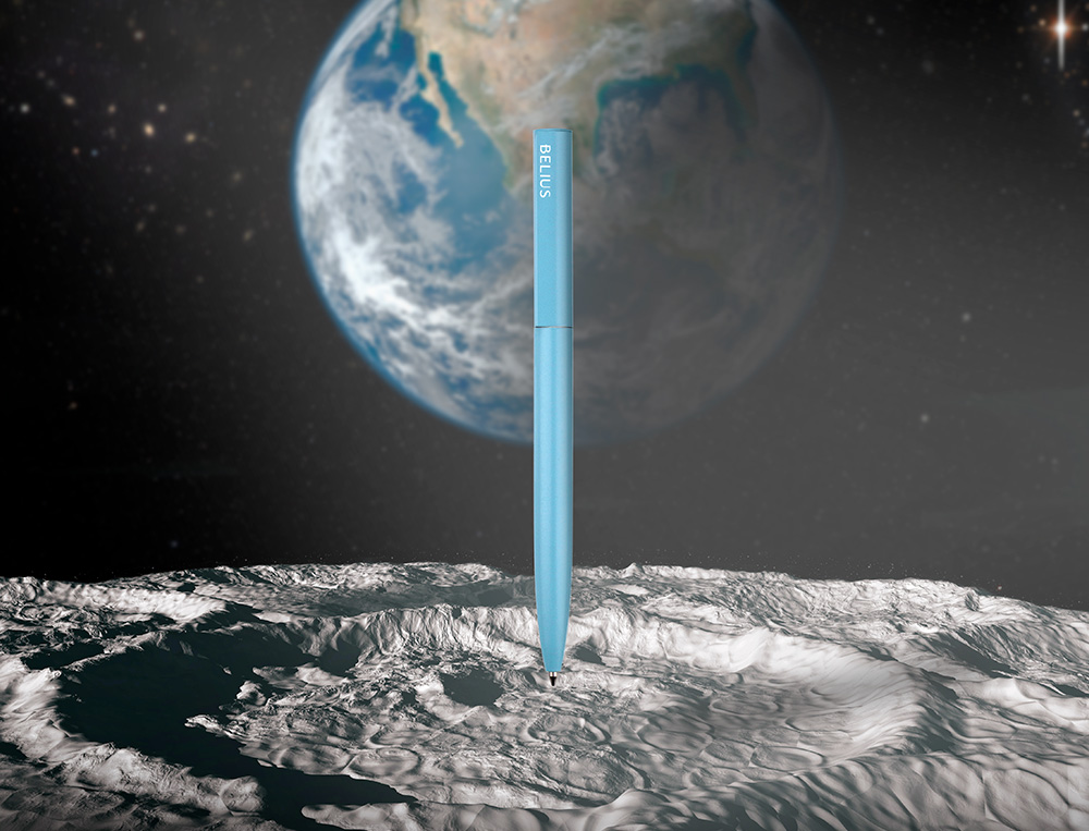 ESFEROGRAFICA BELIUS ROCKET B ALUMINIO DESENHO MINIMALISTA AZUL CAIXA CILINDRICA TINTA AZUL