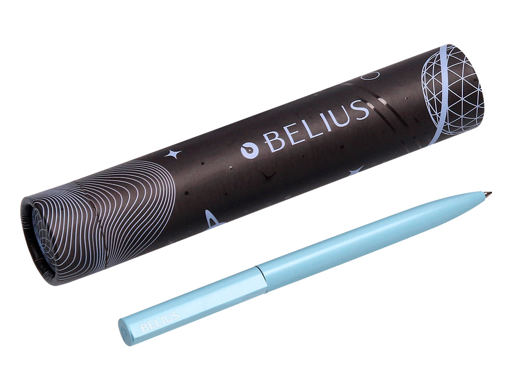 ESFEROGRAFICA BELIUS ROCKET B ALUMINIO DESENHO MINIMALISTA AZUL CAIXA CILINDRICA TINTA AZUL