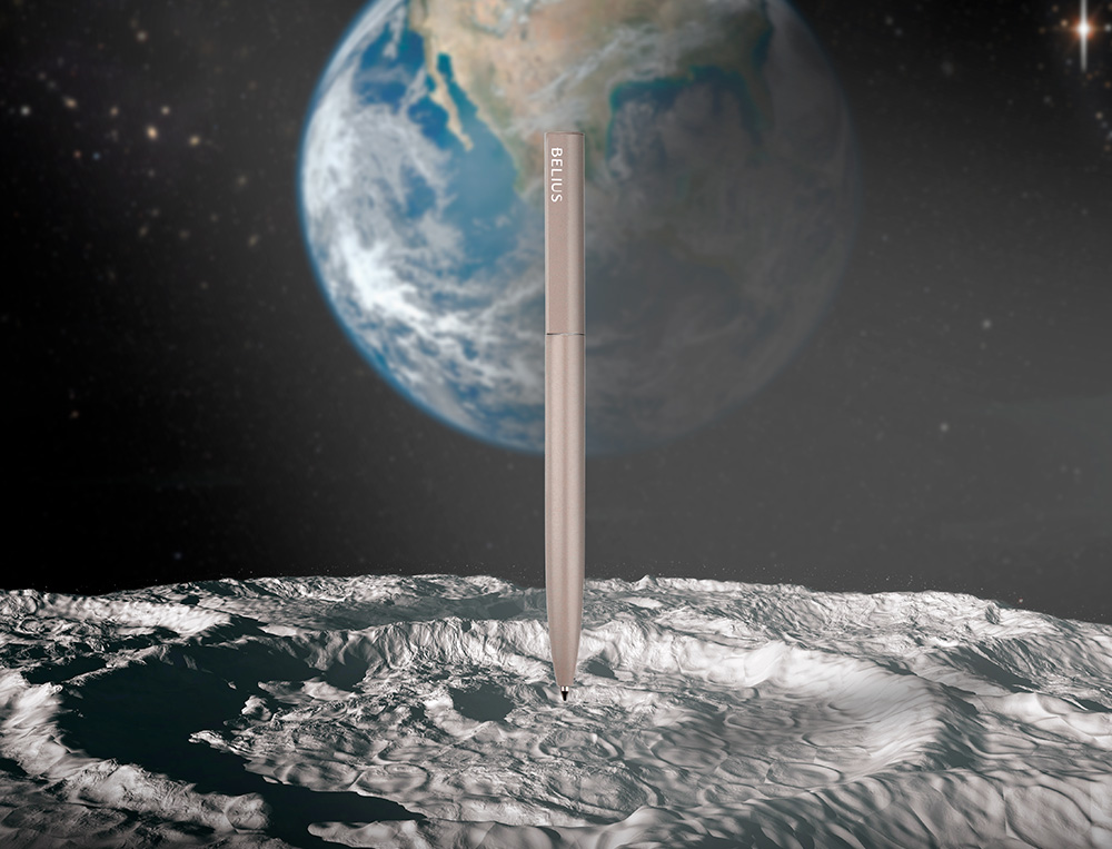 ESFEROGRAFICA BELIUS ROCKET B ALUMINIO DESENHO MINIMALISTA CINZA CAIXA CILINDRICA TINTA AZUL