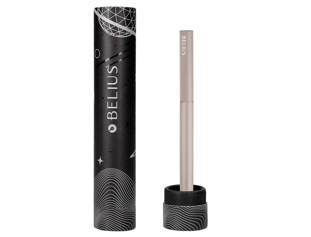 ESFEROGRAFICA BELIUS ROCKET B ALUMINIO DESENHO MINIMALISTA CINZA CAIXA CILINDRICA TINTA AZUL