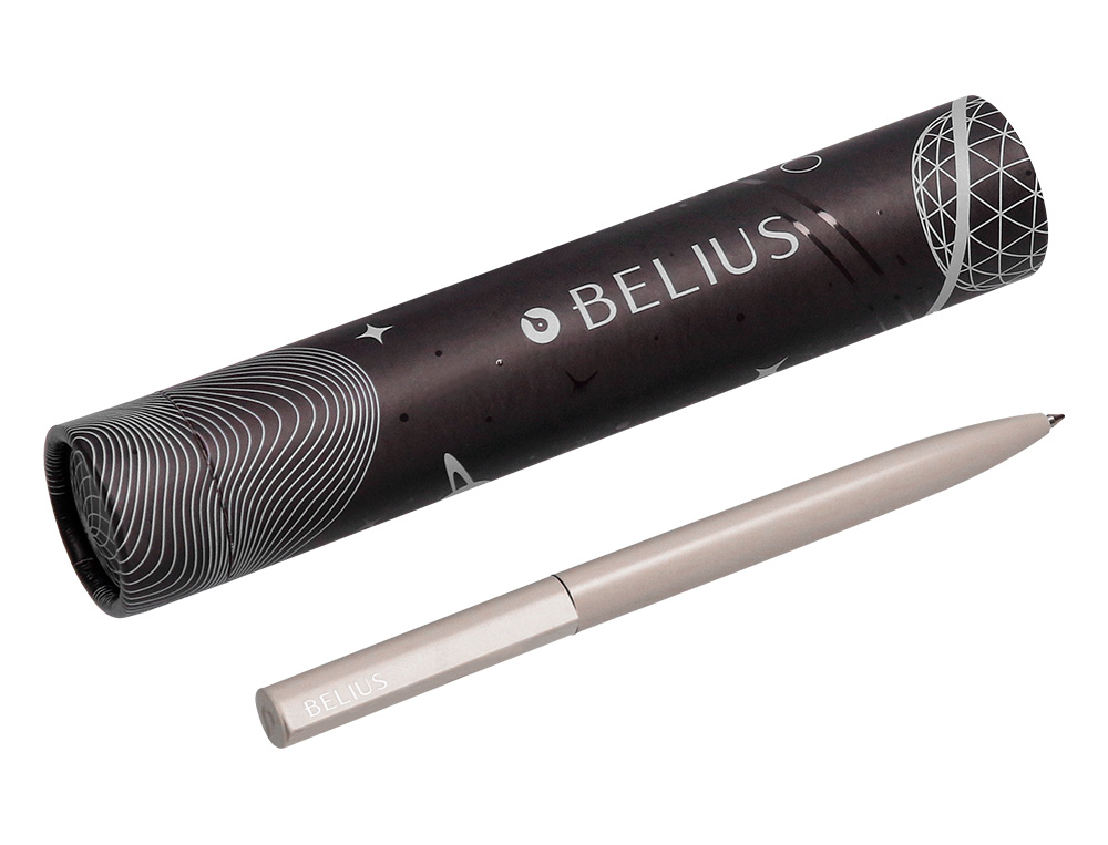 ESFEROGRAFICA BELIUS ROCKET B ALUMINIO DESENHO MINIMALISTA CINZA CAIXA CILINDRICA TINTA AZUL