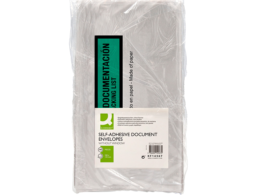 ENVELOPE AUTOADESIVO Q-CONNECT PORTA DOCUMENTOS MULTILINGUE 240X135 MM SEM JANELA 100% PAPEL PACK DE 100 UNIDADES