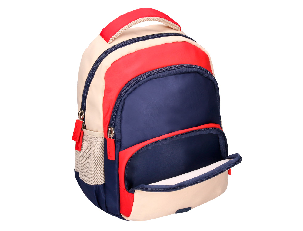 MOCHILA ESCOLAR LIDERPAPEL MULTIBOLSO INFANTIL AZUL MARINHO VERMELHO BEGE 350X110X270 MM