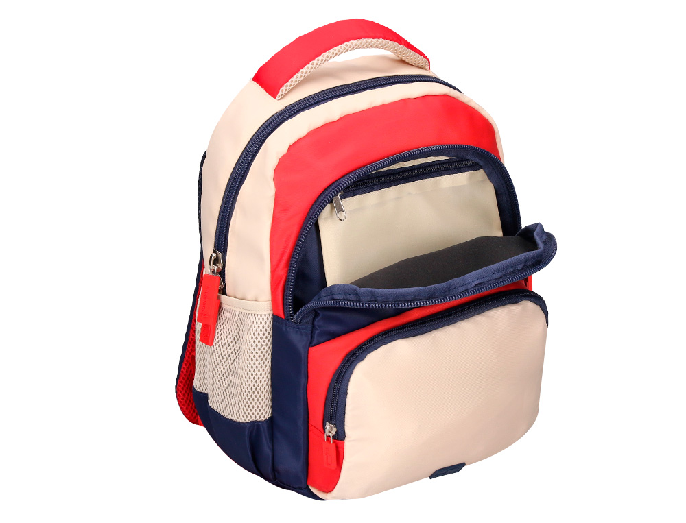 MOCHILA ESCOLAR LIDERPAPEL MULTIBOLSO INFANTIL AZUL MARINHO VERMELHO BEGE 350X110X270 MM