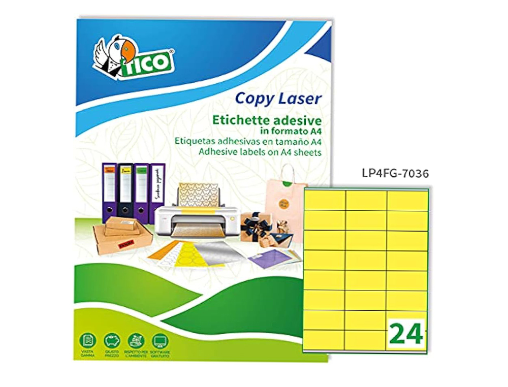 ETIQUETA ADESIVA TICO AMARELO FLUOR PERMANENTE CERTIFICADO FSC LASER/JATO TINTA/FOTOCOPIA 70X36 MM CAIXA 1680 UDS