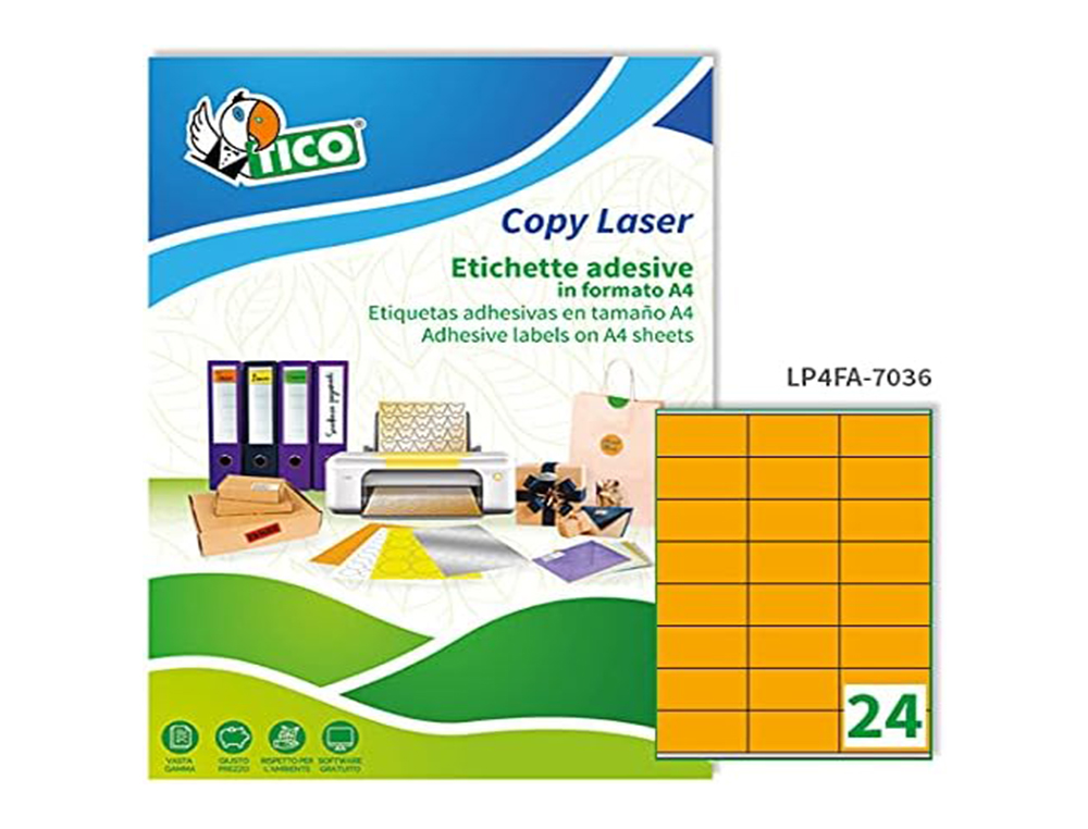 ETIQUETA ADESIVA TICO LARANJA FLUOR PERMANENTE CERTIFICADO FSC LASER/JATO TINTA/FOTOCOPIA 70X36 MM CAIXA 1680 UDS