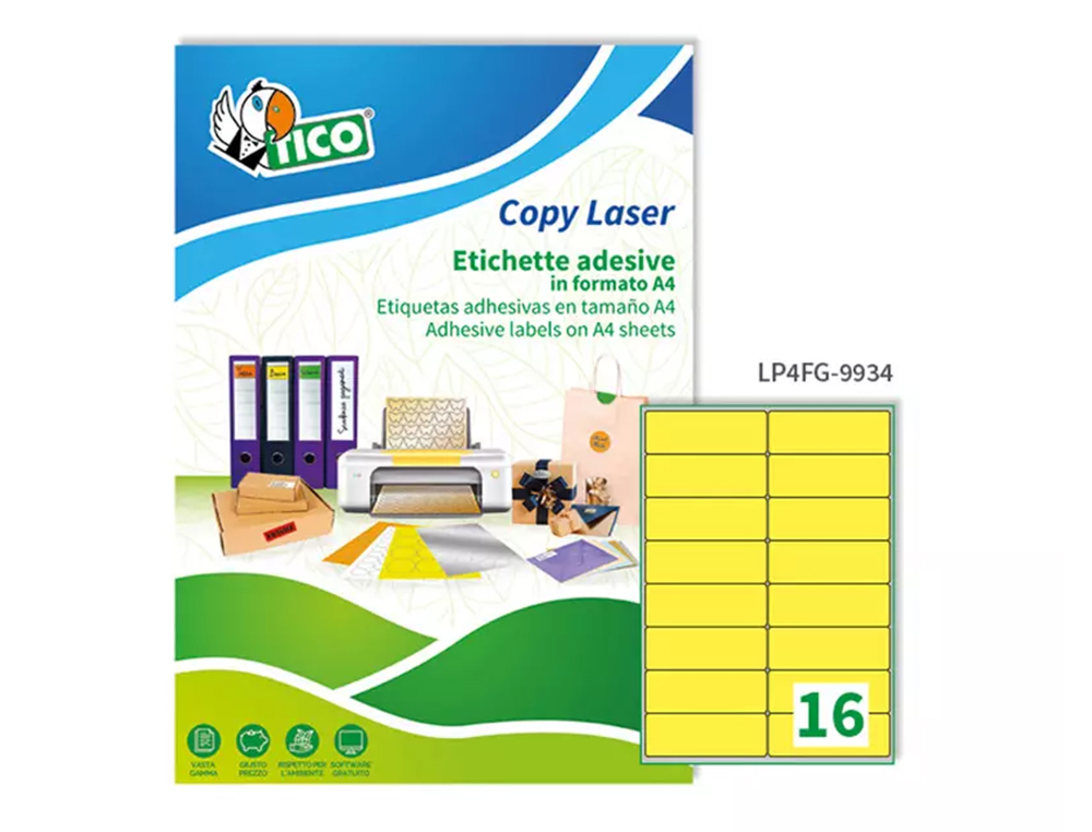ETIQUETA ADESIVA TICO AMARELO FLUOR PERMANENTE CERTIFICADO FSC LASER/JATO TINTA/FOTOCOPIA 99,1X34 MM CAIXA 1120 UDS